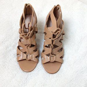 Pour La Victoire Camila Nude Tan Leather Lattice Lace-Up Open-Toe Heeled Sandals